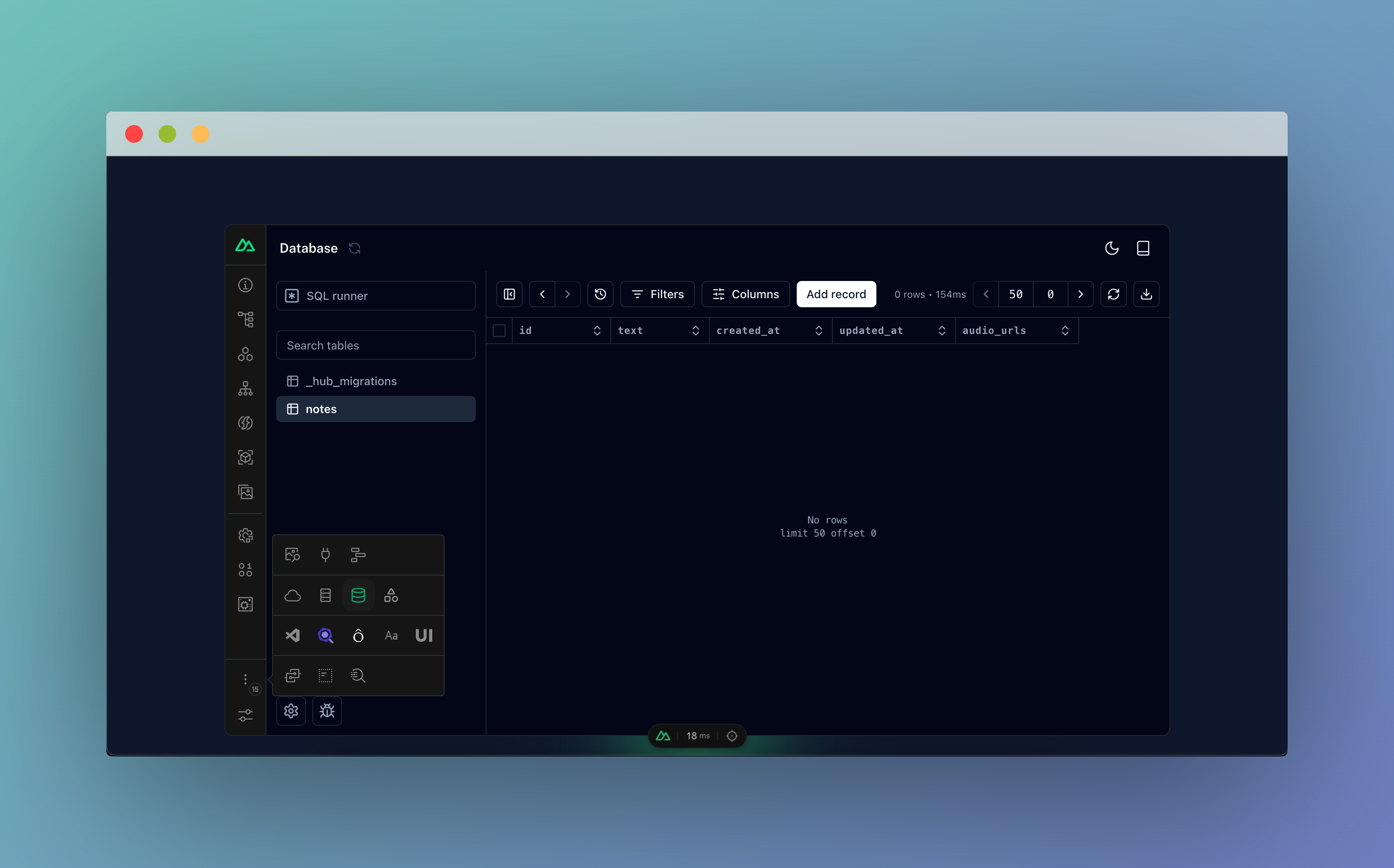 Nuxt Dev Tools showing empty notes table