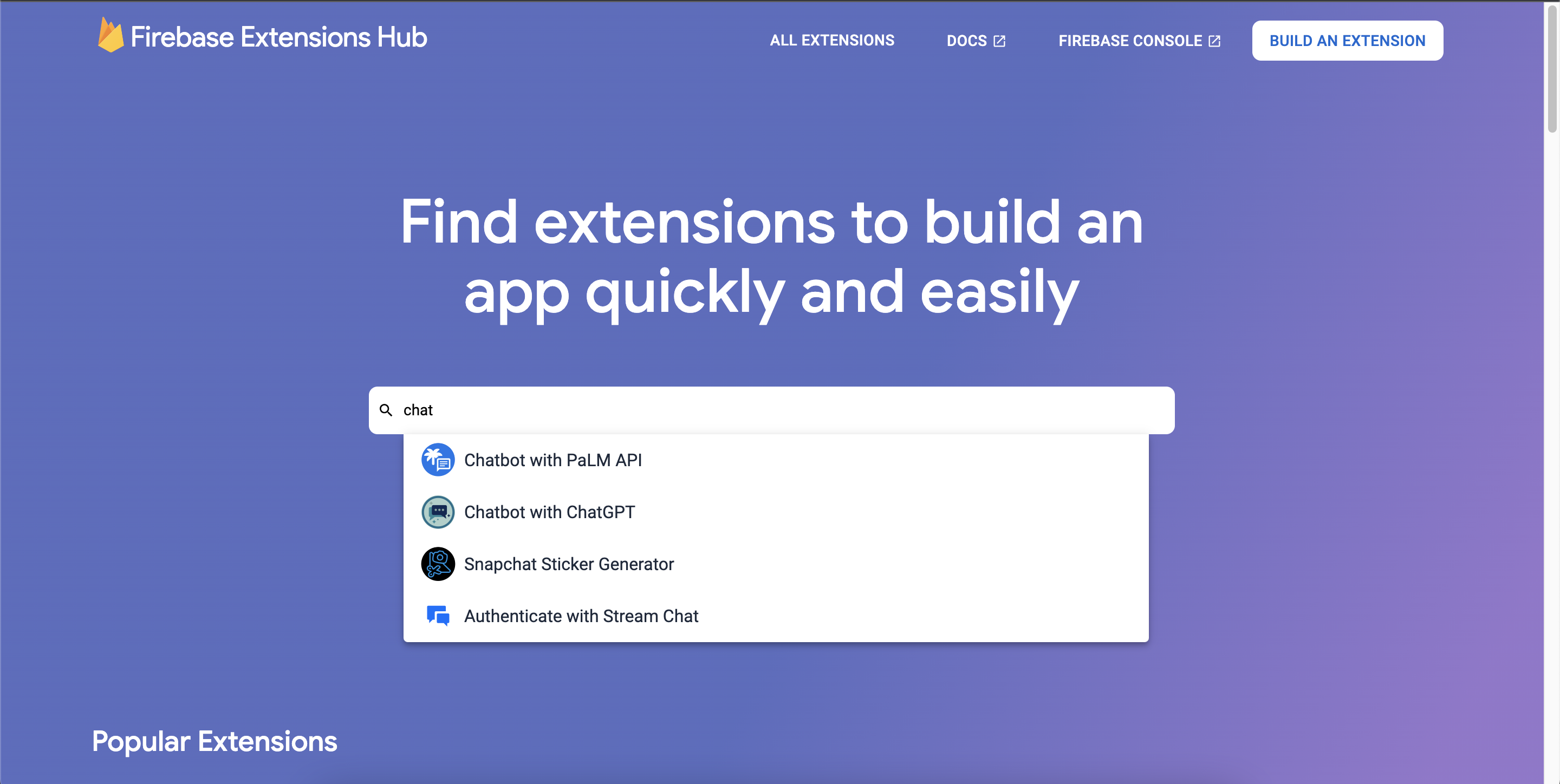 Searching chat in the Firebase extensions hub