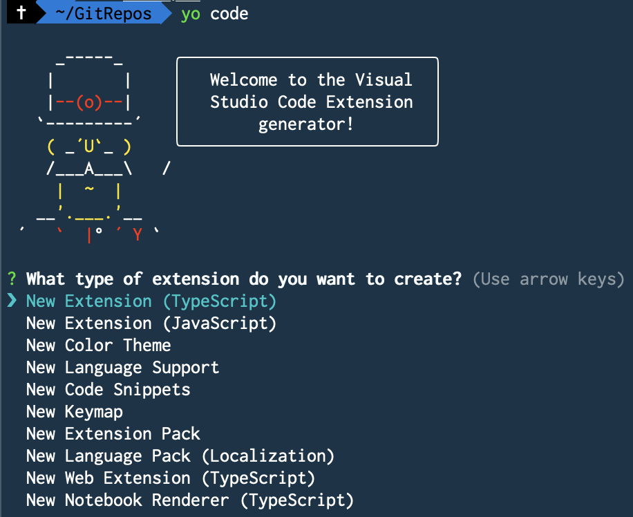 yo code command choices