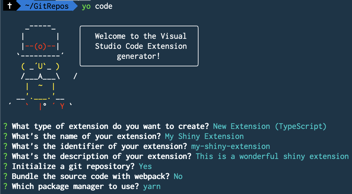 All steps of the yo code command