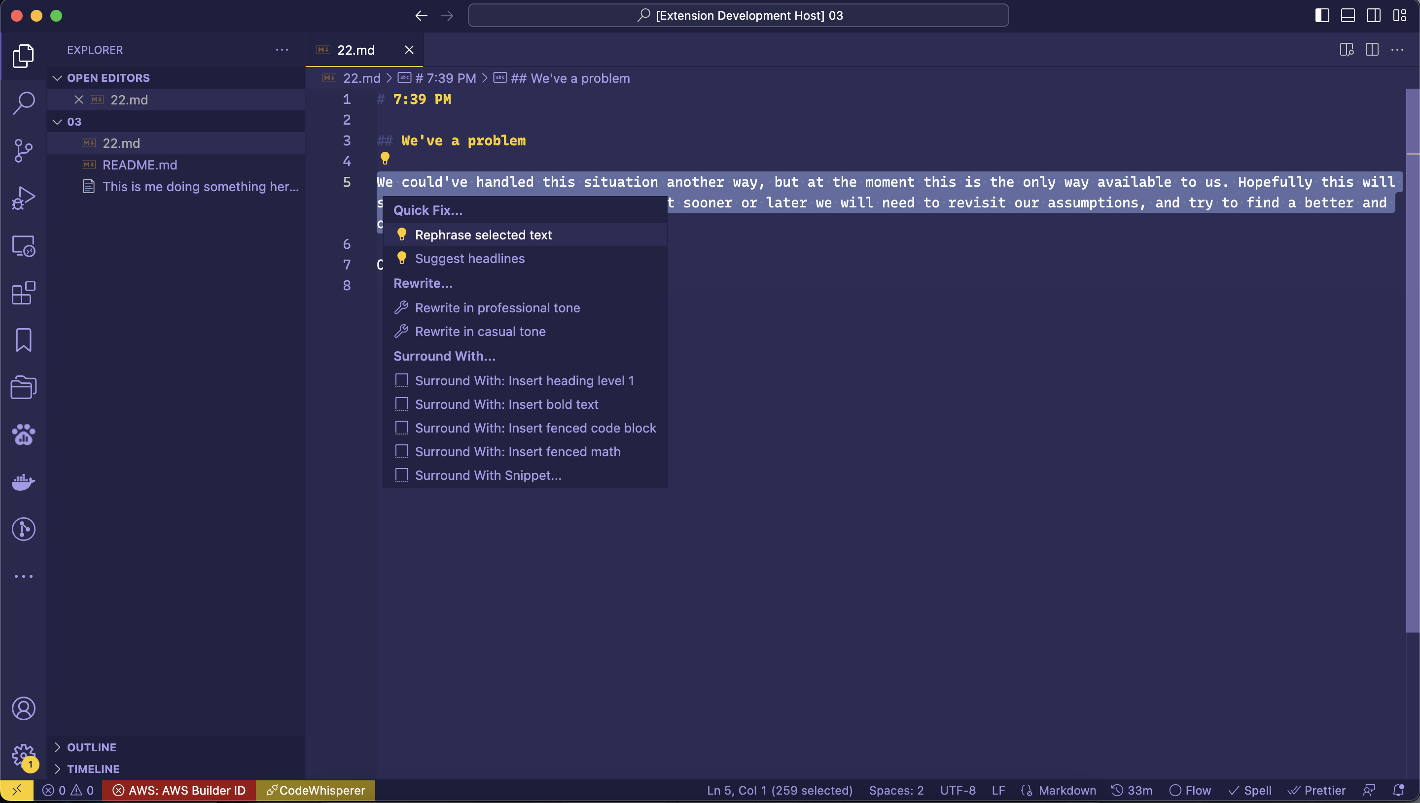 code action window intermediate view