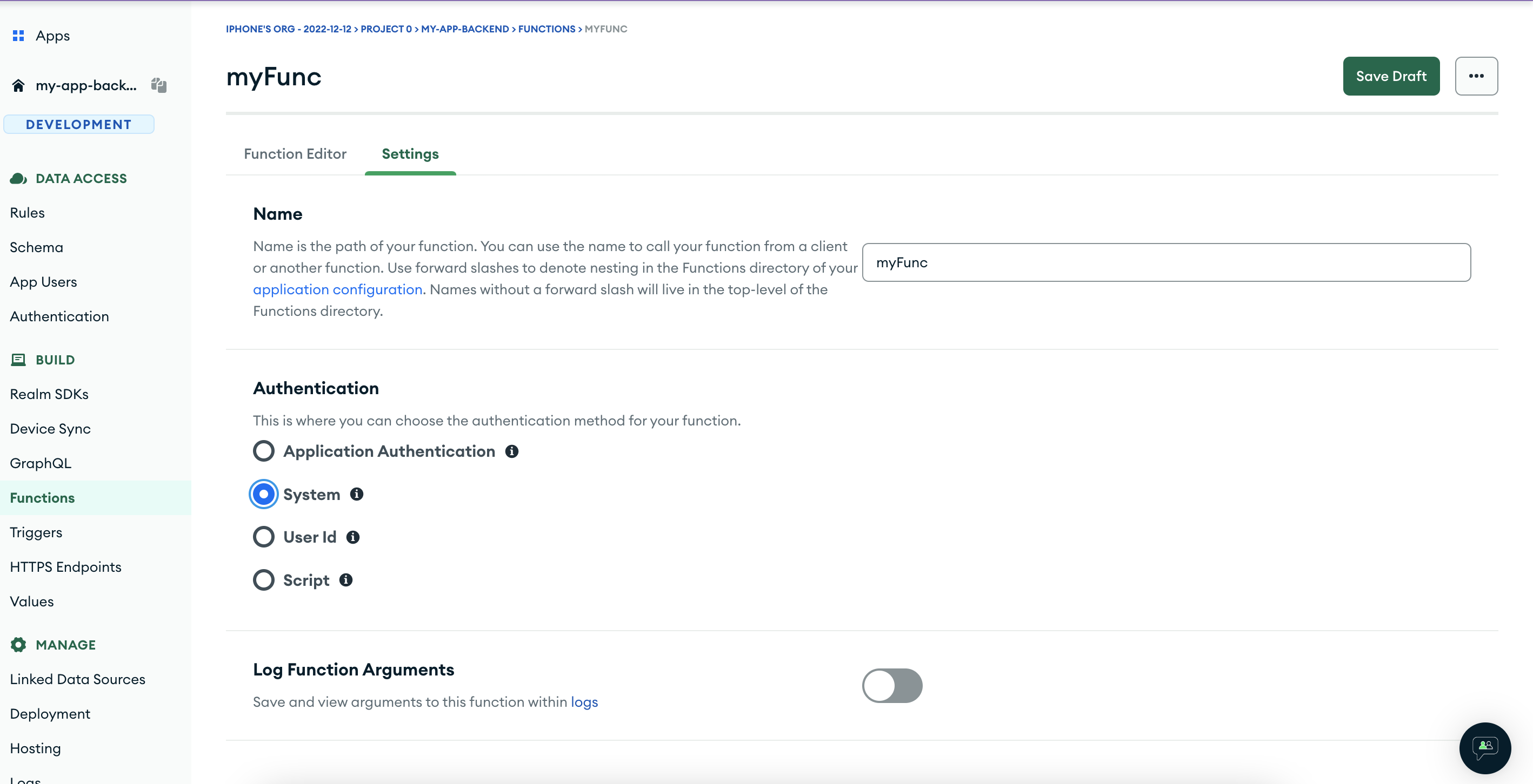 Changing function setting to run as system