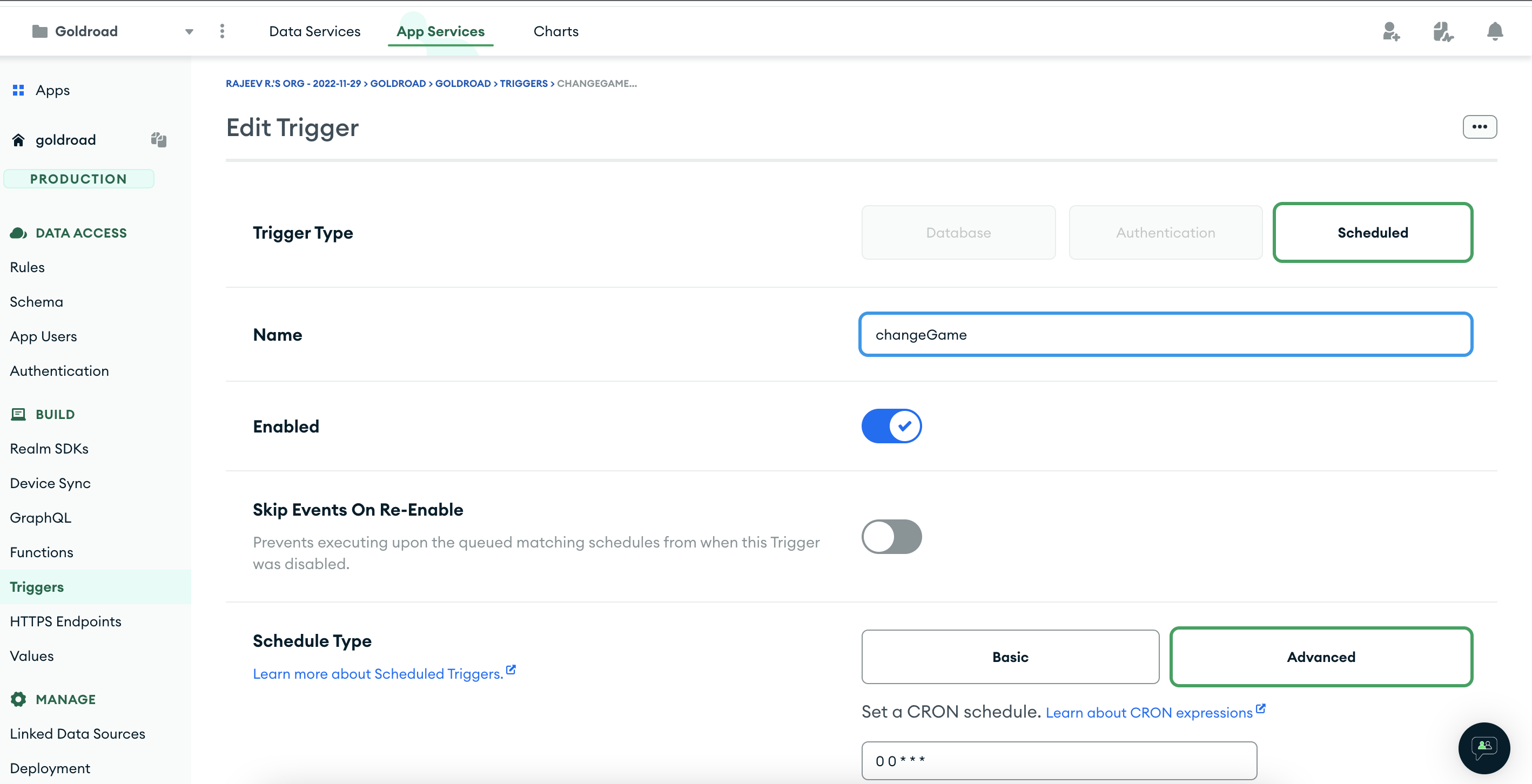 Scheduled trigger setting