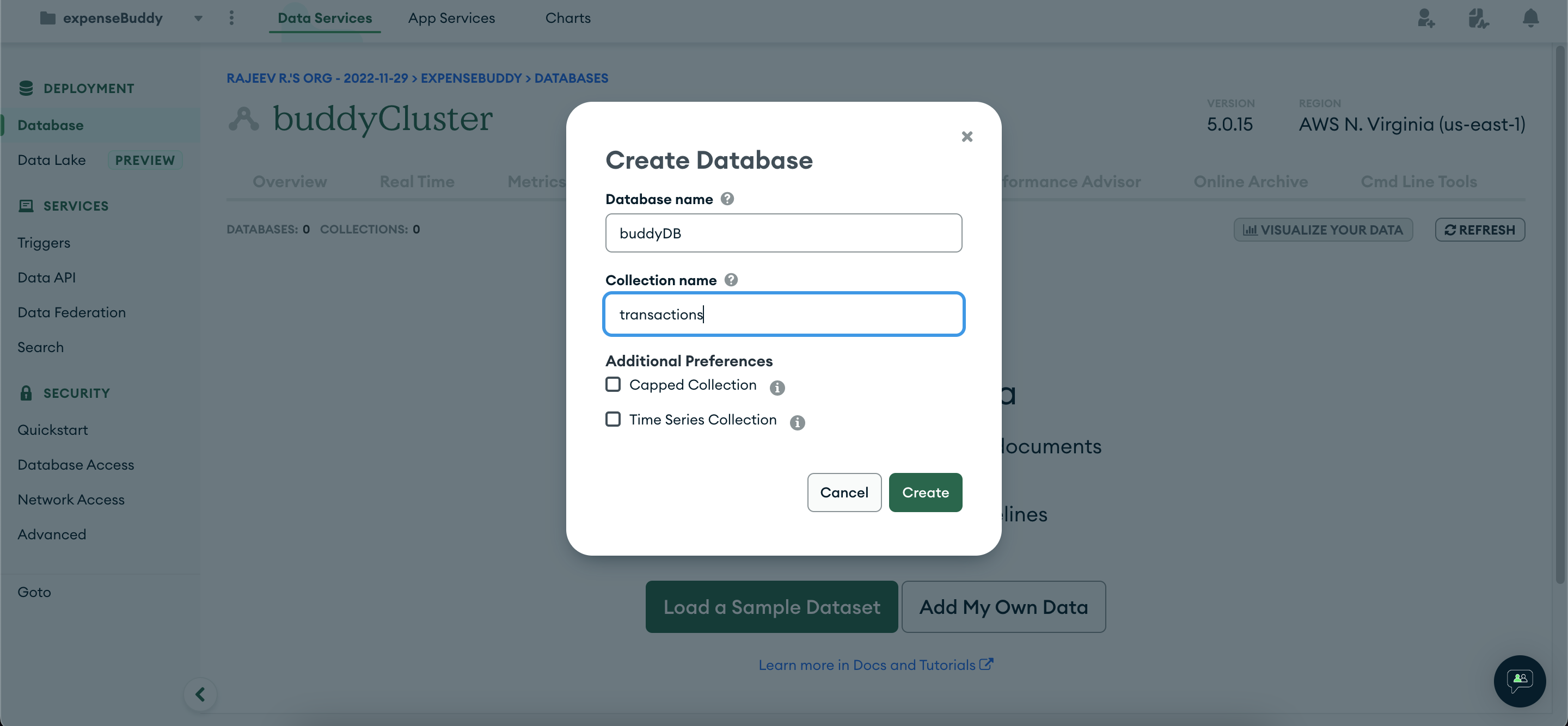 create database and collection